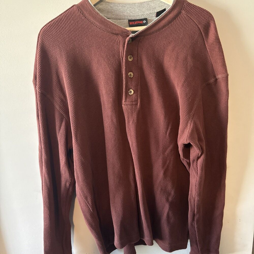 Men's L Henley Thermal Long Sleeve 3 Button Grunge 90s Red/Maroon Wolverine